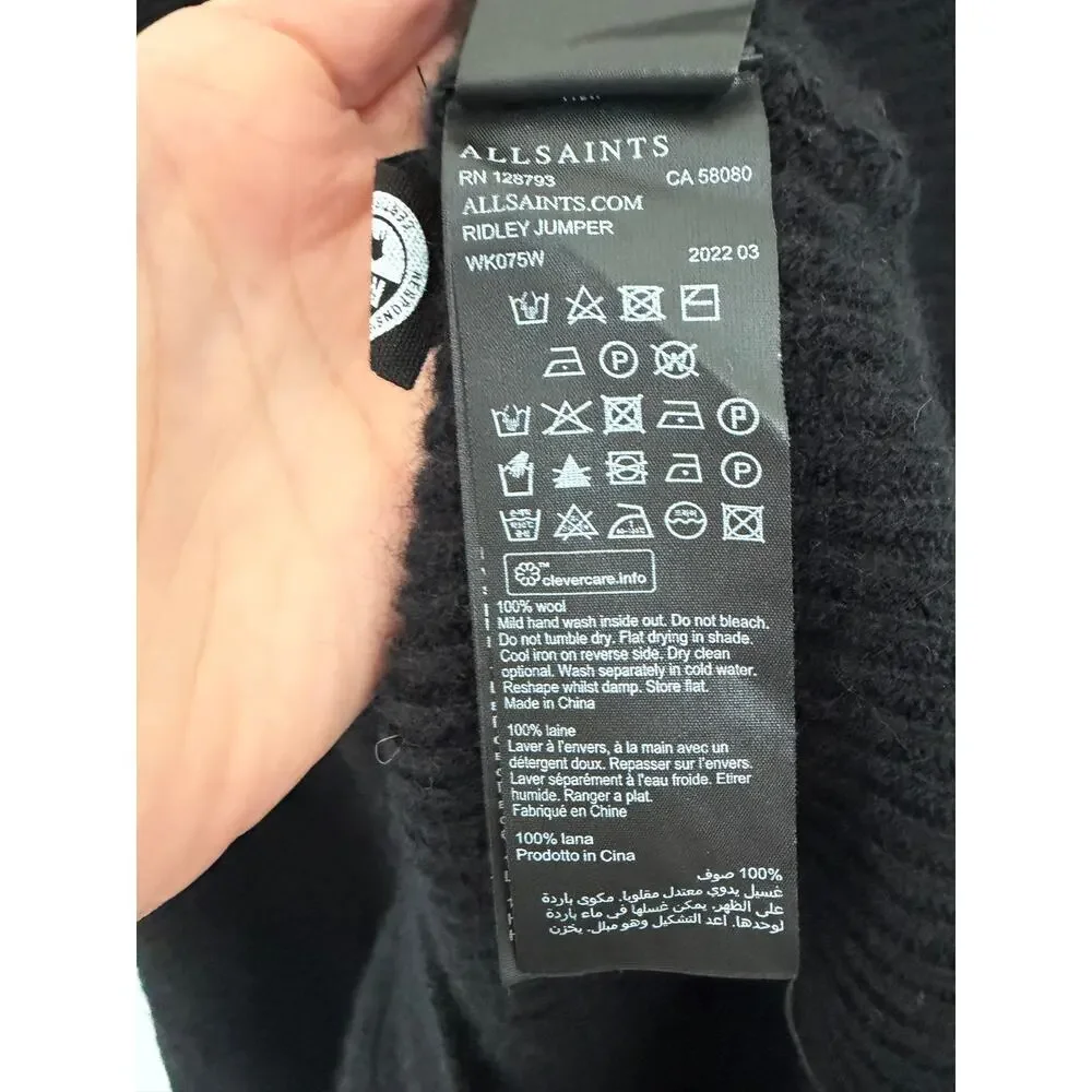 ALLSAINTS Merino Wool Cowl Neck Pullover Ridley Jumper Sweater Black Large